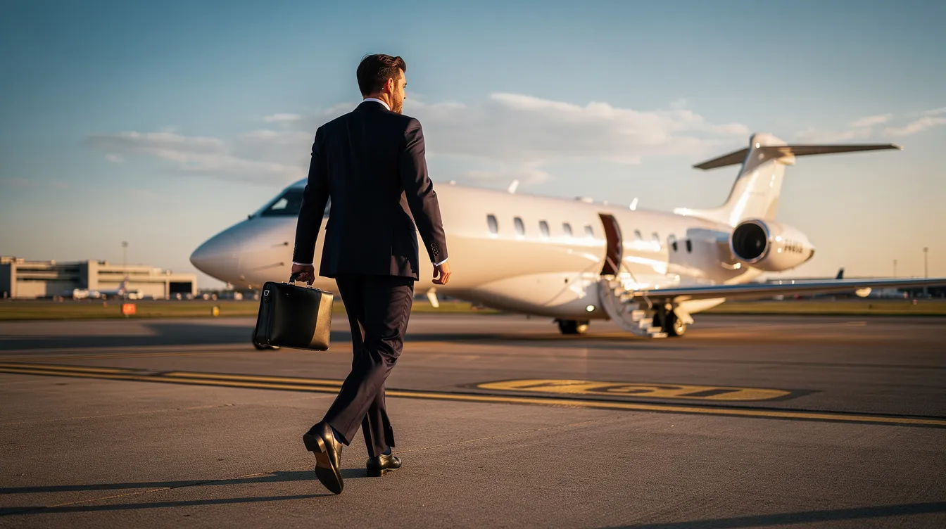 A business professional in a tailored suit walks confidently toward a private jet on a runway, symbolizing the luxury and convenience of private aviation. This scene captures the essence of executive jet travel, highlighting the accessibility and global reach of the NetJets fleet for discerning travelers.