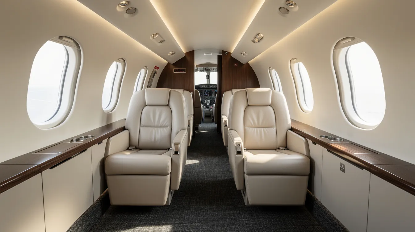 The image depicts the interior of a modern midsize private jet cabin featuring luxurious leather seats, designed for discerning travelers seeking comfort and style in private aviation. This elegant space highlights the sophistication of the netjets fleet, ideal for business and leisure flights alike.