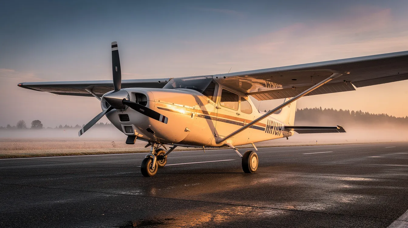 A small propeller aircraft sits on a runway at sunrise, surrounded by a soft blanket of fog, highlighting the serene atmosphere of personal aviation. This scene captures the essence of aircraft ownership, including fractional ownership options that offer flexible travel solutions for business executives and aviation consumers alike.