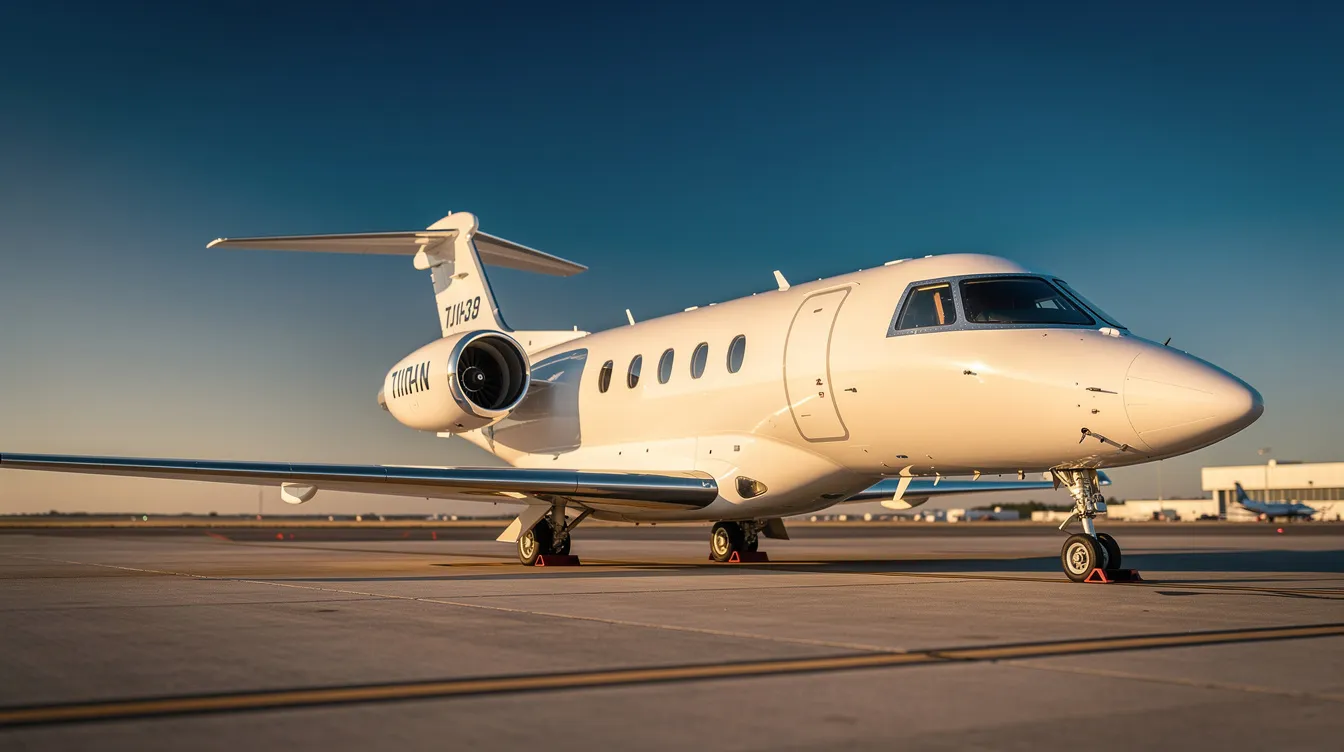 A small private jet is parked on the tarmac of an international airport under a clear blue sky, suggesting a serene travel atmosphere. This scene evokes the excitement of flying and the possibility of finding cheap flights to destinations like Guadalajara Miguel Hidalgo Airport.