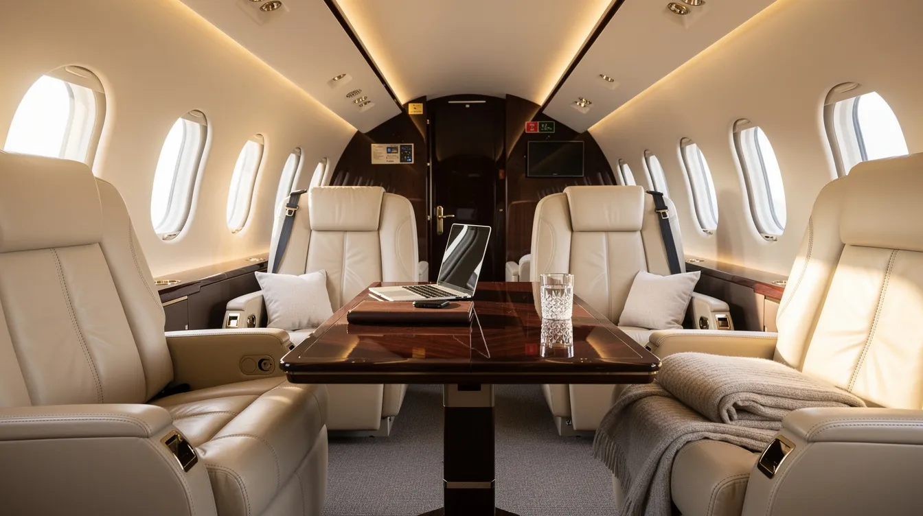 The image depicts the luxurious interior of a private jet, featuring cream leather seats and a polished work table, designed for comfort and elegance. This sophisticated environment is ideal for travelers looking for premium experiences on flights to Zapopan, perfect for both business meetings and relaxation.