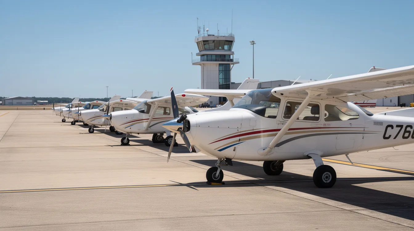 A row of small white Cessna training aircraft is neatly lined up on an airport apron, with a tall control tower visible in the background. These planes are often used by flight schools for training purposes, offering options for leasing or renting to aspiring pilots.