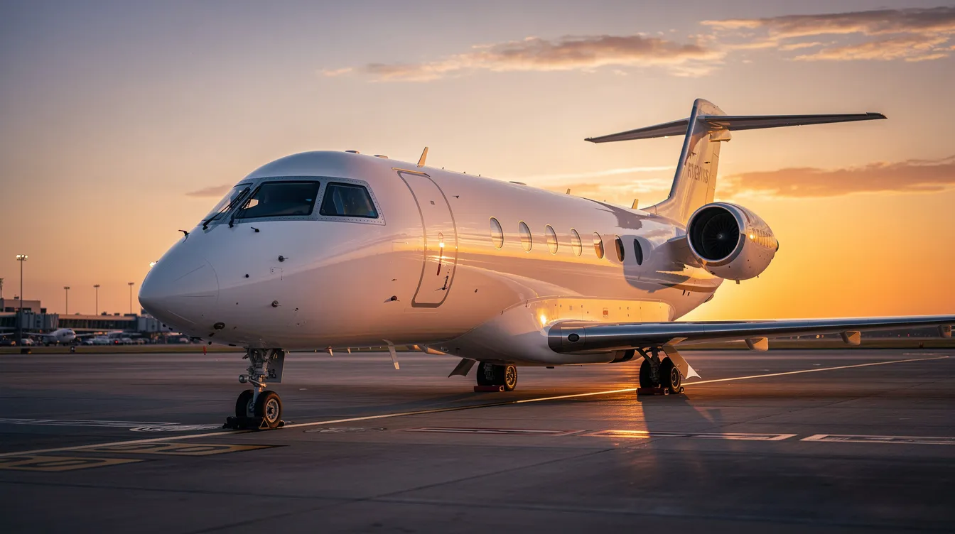 A sleek private jet is parked on a tarmac at sunset, with warm orange light reflecting off its fuselage, creating a stunning view of this luxurious aircraft. This image highlights the allure of owning or leasing a new plane, perfect for those considering flight schools or private flight options.