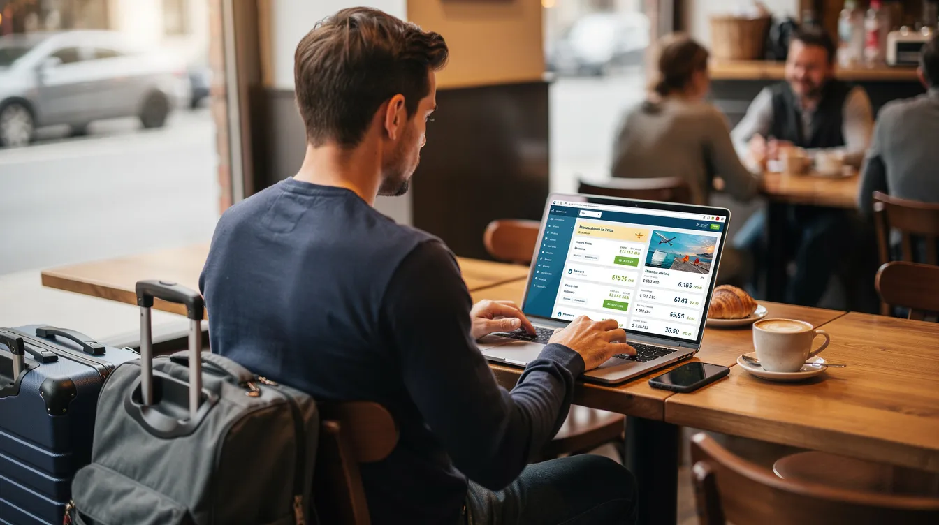 A traveler is seated in a cozy coffee shop, focused on their laptop as they compare prices for domestic flights, looking for the best deals and planning their next trip. The scene captures the essence of modern travel planning, with the traveler searching for affordable options and discounts on airfare.