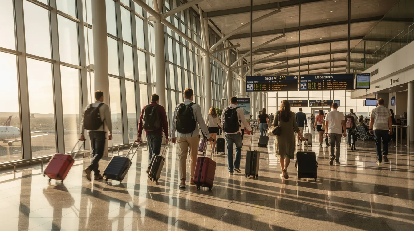 Travelers are walking through a bright airport corridor, each carrying their luggage as they head towards their gates for upcoming domestic flights. The scene captures the anticipation of their next trip, highlighting the bustling atmosphere of the airport.