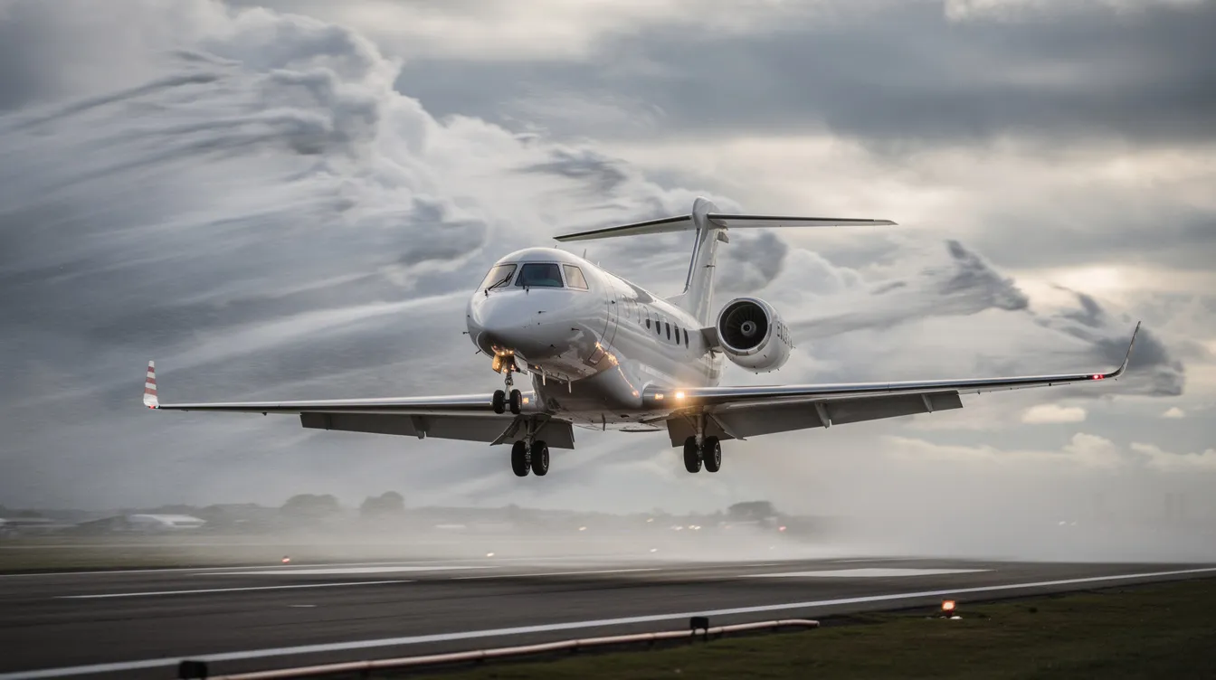 A small jet is landing at a slight bank angle against a windy sky, showcasing the pilot's skill in managing crosswind landings. The aircraft is in the final approach phase, preparing for a smooth touchdown on the runway surface.