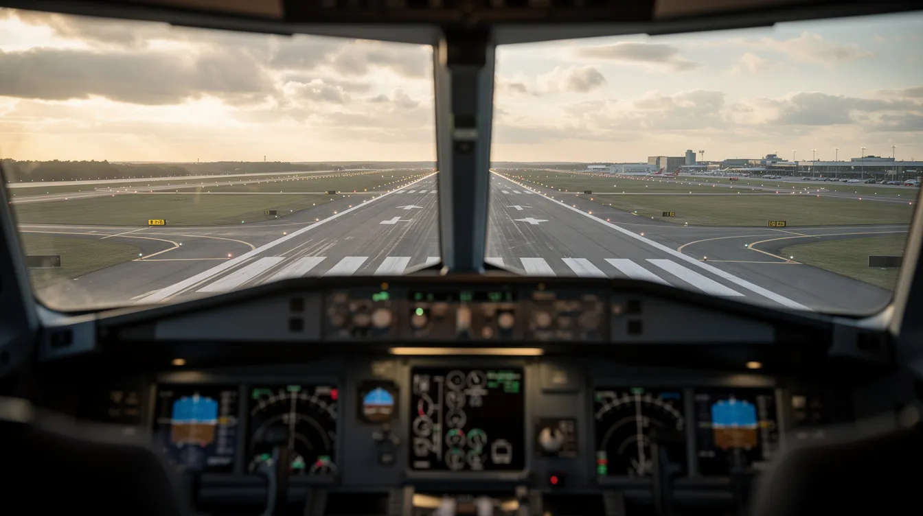 The image shows a cockpit view during the final approach phase, with the runway growing larger as the aircraft descends towards the touchdown point. The pilot is focused on maintaining the correct glide speed and alignment for a smooth landing on the runway surface.