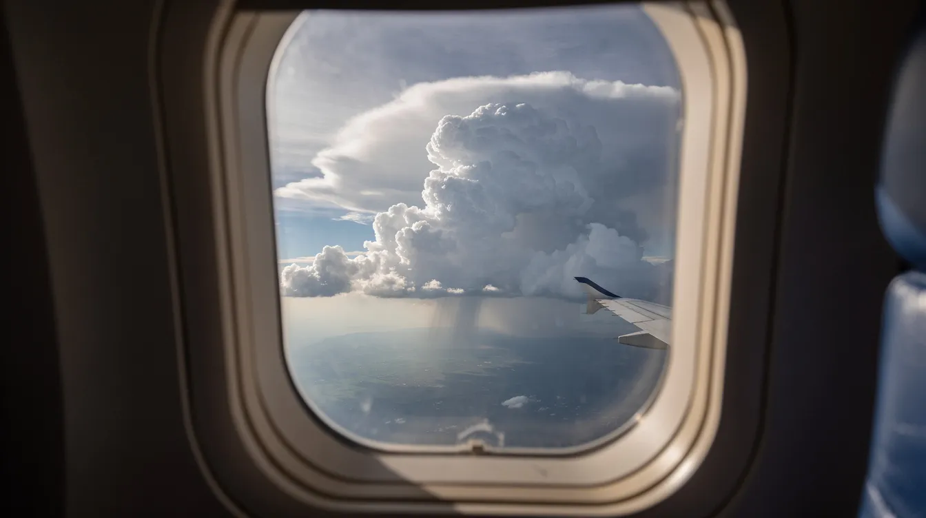 The image shows a view from inside an airplane cabin, where dramatic storm clouds loom in the distance, indicating potential turbulence zones ahead. The scene captures the contrast between the calm cabin atmosphere and the unstable air outside, suggesting that pilots may encounter turbulence as they navigate through the rough patches of weather.