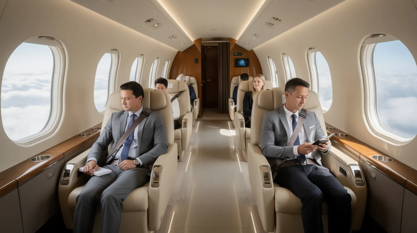 The image shows the interior of a modern private jet cabin, featuring plush leather seats where passengers are seated comfortably with their seat belts fastened. The atmosphere is serene, reflecting the luxury of air travel, while the design ensures a safe and enjoyable flight experience, even in the presence of potential turbulence from jet streams or clear air turbulence.