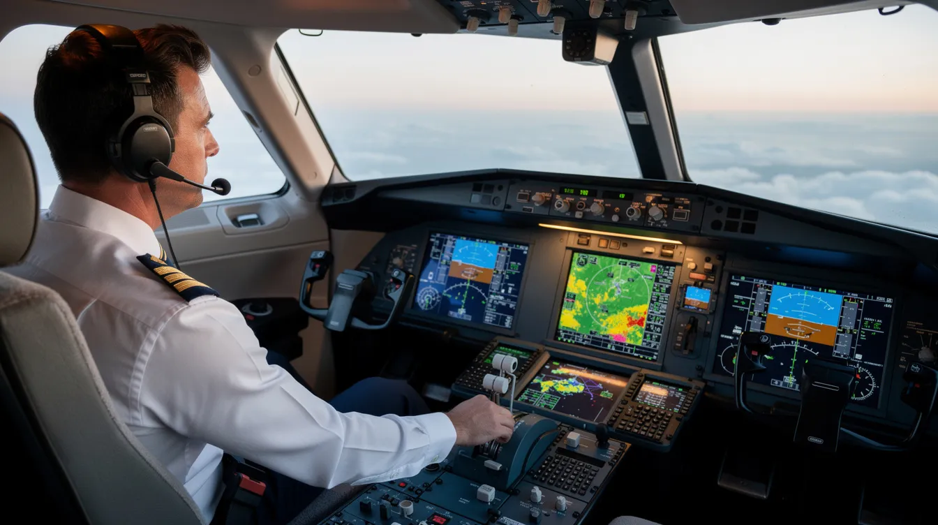 A pilot is seated in a modern private jet cockpit, intently reviewing various instruments and weather displays that monitor air currents and wind speed. The cockpit is equipped with advanced radar systems to help identify turbulence and ensure safe flight levels amidst changing atmospheric conditions.