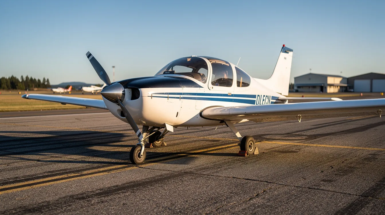 A small single-engine training aircraft, often utilized by student pilots, is parked on a sunlit runway at a regional airport, highlighting its role in aviation education and the growing demand for pilot training. The aircraft, with its sleek design, symbolizes confidence and the ability to achieve success in the aviation industry.