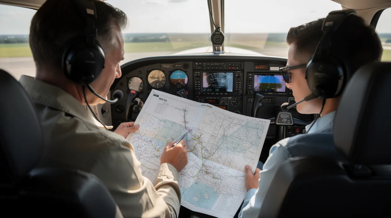 A flight instructor and a student pilot are engaged in a focused discussion while reviewing a chart inside a cockpit, emphasizing the importance of education and safety in aviation. This scene captures the essence of student pilots gaining confidence and experience as they prepare to fly.