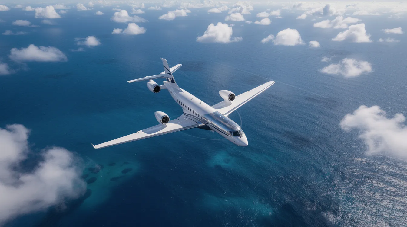 An aerial view captures a sleek business jet soaring above a deep blue ocean, surrounded by scattered clouds, symbolizing the luxury and efficiency of private aviation. This image reflects the premium charter services offered by operators like Planet 9 Private Air, known for their ultra long range aircraft and bespoke global aviation solutions.