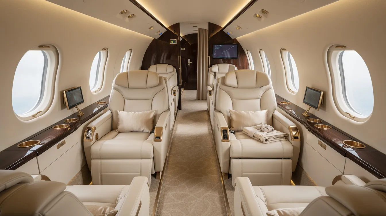 The image depicts the luxurious interior of an ultra long range private jet cabin, featuring cream leather lie-flat seats complemented by elegant wood trim, ideal for a comfortable journey. This setting exemplifies the premium charter experience offered by global operators like Planet Nine Private Air, catering to discerning passengers in the world’s busiest markets.