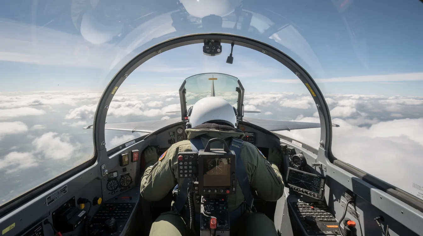 The image captures a view from the rear cockpit of a jet trainer, showcasing the pilot ahead, focused on flight training, with expansive clouds visible through the canopy, highlighting the adventure and raw power of flying military jets. The scene embodies the thrill of fighter jet flights and the complete experience of aviation.