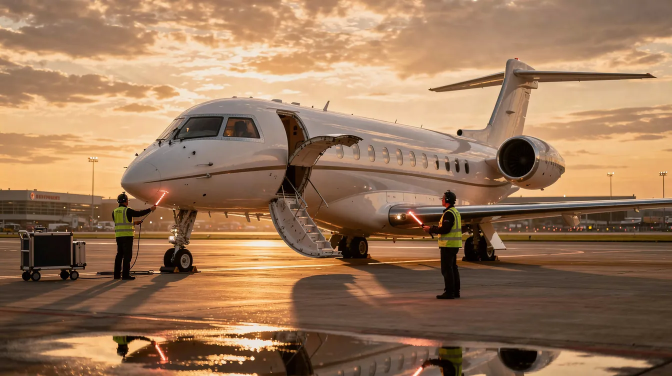 A sleek modern private jet is parked on the tarmac during a vibrant sunset, casting a warm glow over the scene. Ground crew members are nearby, preparing for the next flight, encapsulating the excitement and raw power of aviation.