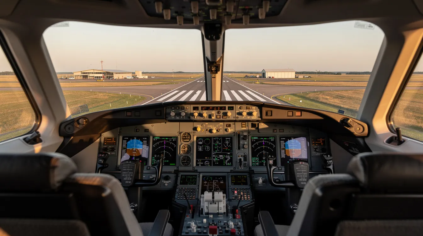 The image shows the inside view of a private jet cockpit as it approaches a regional airport, with expansive open land visible outside. This perspective highlights the aircraft's proximity to the nearest airport, emphasizing the convenience of business aviation and its associated services.