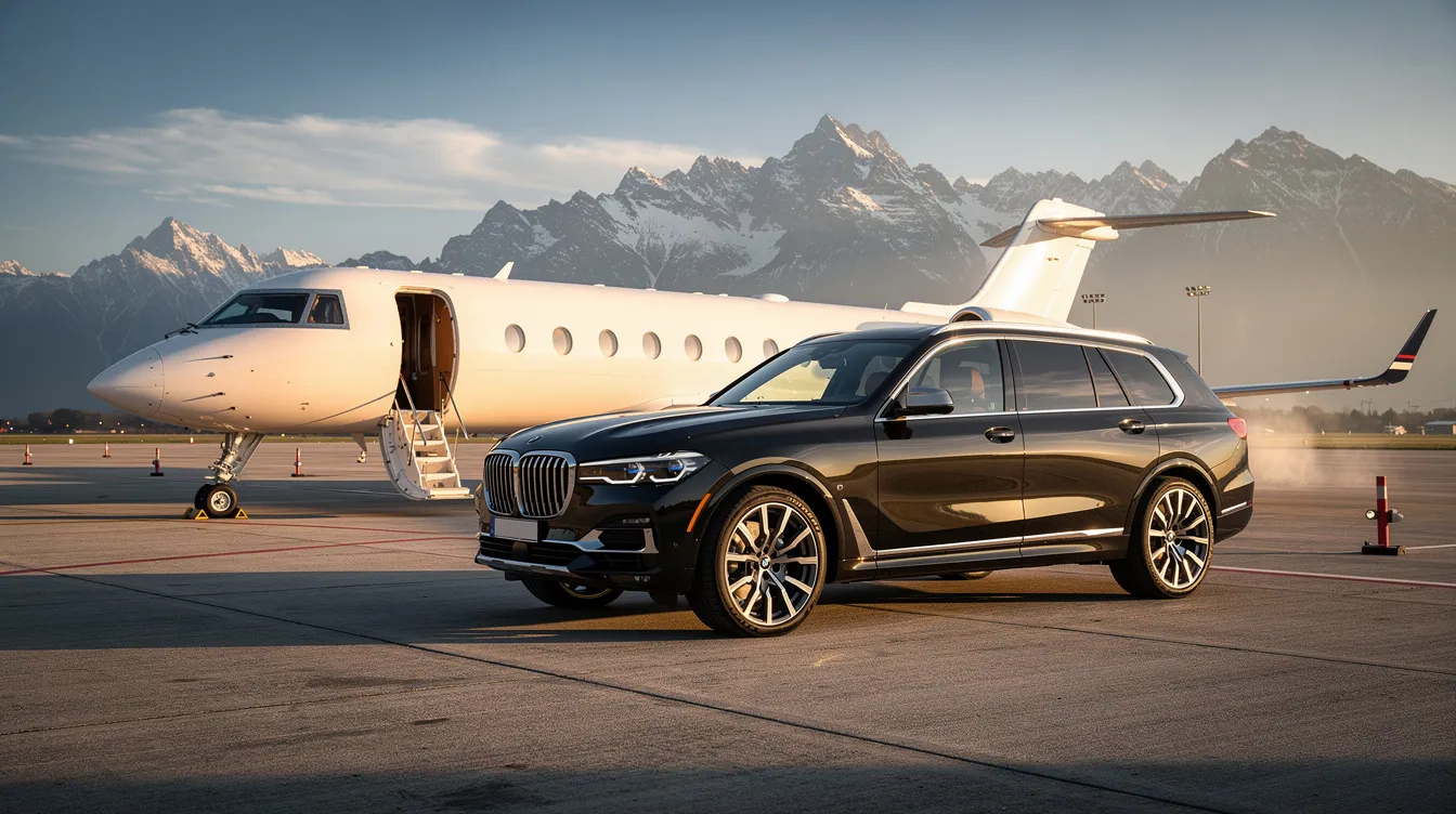 A black SUV is parked near a private jet on the airport tarmac, with majestic mountains visible in the background, showcasing a scene of business aviation and ground transport at a private airport.