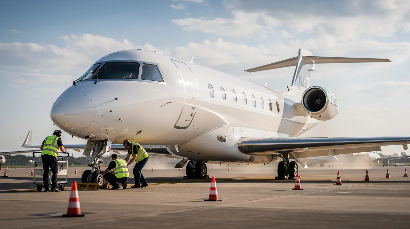A sleek white private jet is parked on a tarmac, with ground crew members visible near the landing gear, preparing for the next flight. The scene captures the essence of private air travel and the meticulous attention to detail involved in aircraft operations.