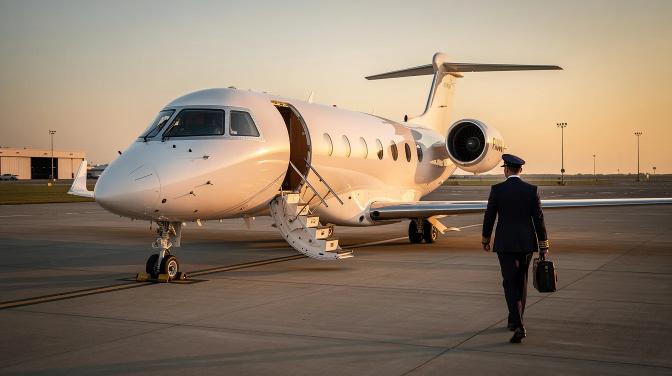 A sleek midsize private jet is parked on the tarmac, with an airplane pilot walking confidently toward the boarding stairs, ready to embark on a flight. The aircraft's polished exterior gleams in the sunlight, showcasing the elegance of aviation travel.