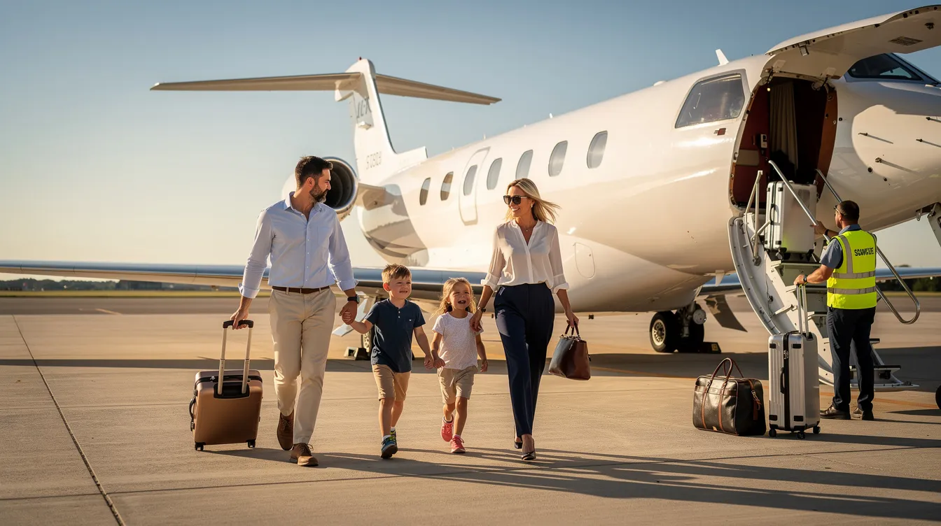 A family is walking toward a private jet on a sunny tarmac, with their luggage being loaded onto the aircraft. The scene captures the excitement of travel, showcasing the airplane's nose and the bright blue sky above.
