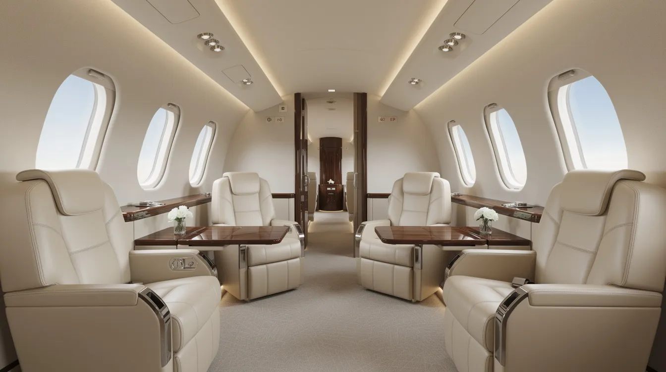 The image depicts the interior of a spacious Gulfstream GV private jet cabin, featuring cream leather seats arranged in a club configuration, large oval windows allowing for ample natural light, and a full-sized galley for passenger convenience. This ultra long range business aircraft is designed for comfort and functionality, accommodating high net worth individuals during their flights.