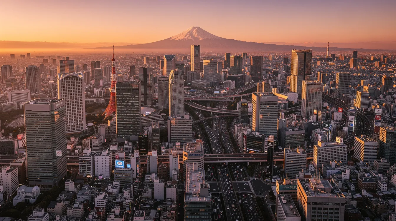 An aerial view captures the sprawling Tokyo cityscape bathed in the warm hues of sunset, with the majestic Mount Fuji standing prominently in the background. This scene showcases the impressive range of urban architecture against the natural beauty of Japan's iconic peak.