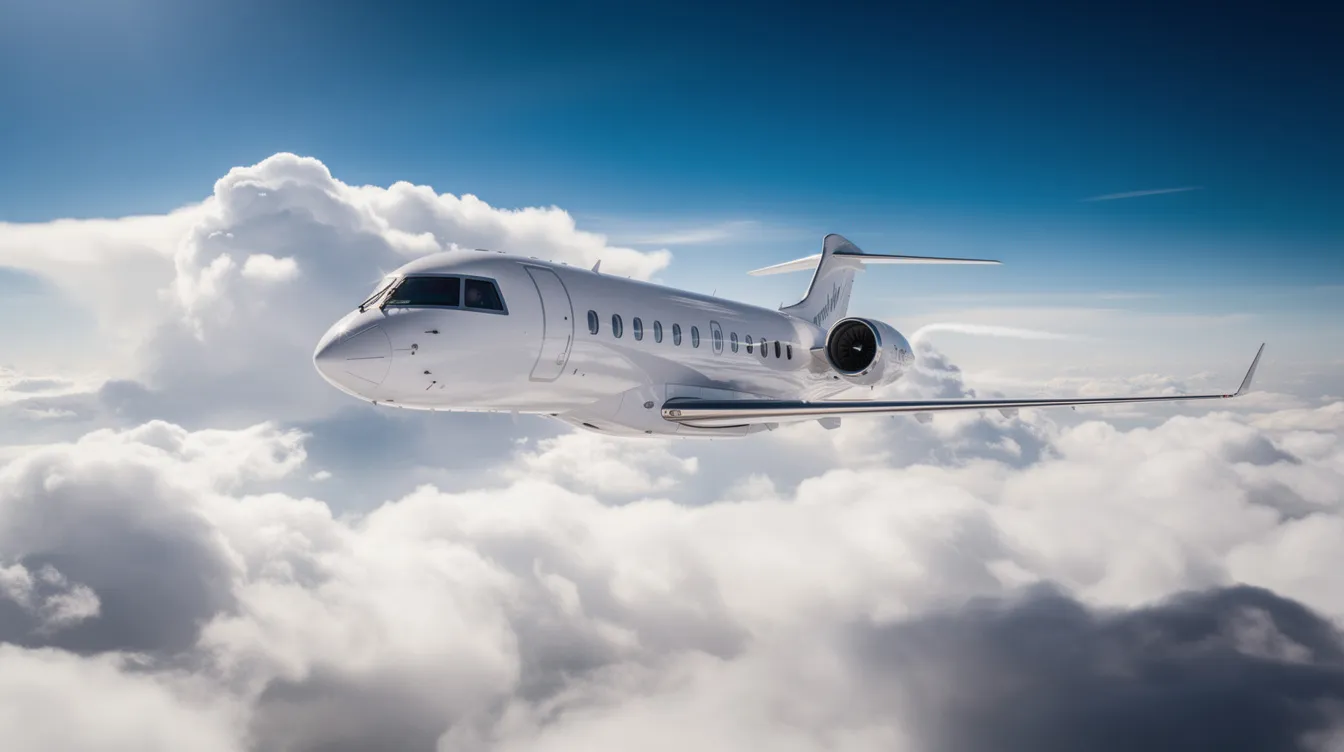 A sleek Gulfstream G100 business jet is soaring high above a fluffy cloud layer, with a vibrant blue sky stretching above. This private aircraft is designed to accommodate six people, highlighting the luxury and comfort of air travel.