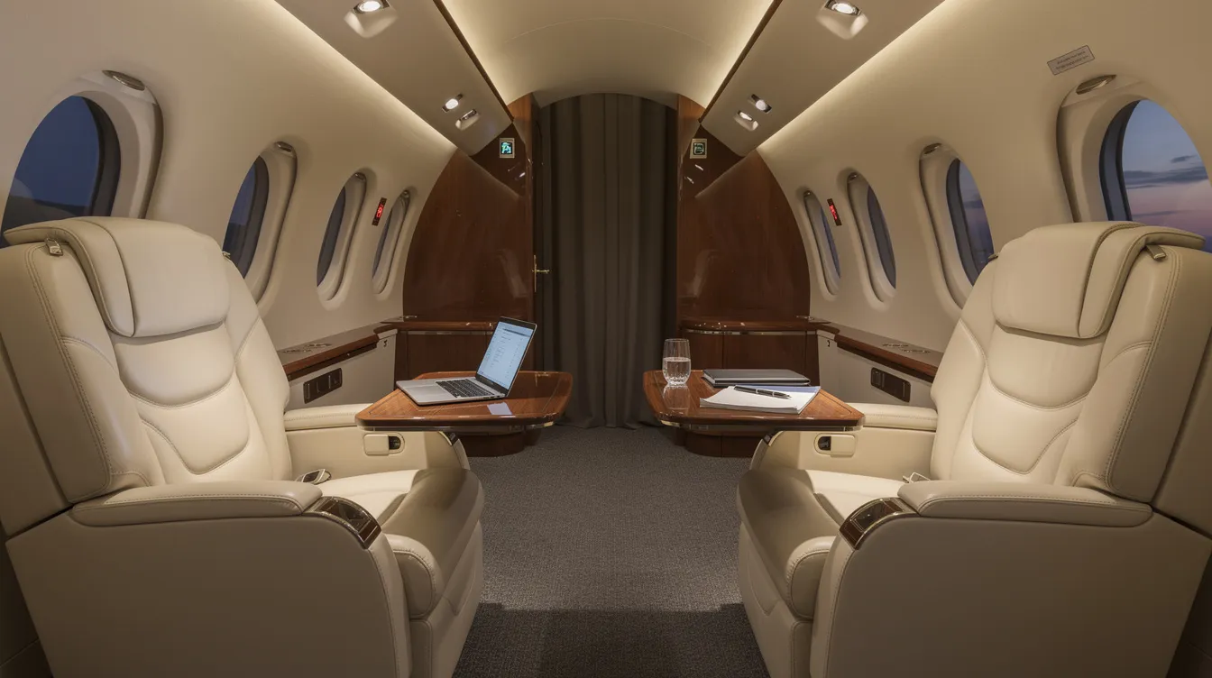 The image depicts the interior of a midsize business jet, featuring plush leather club seating arranged for six people, with fold-out tables and soft, warm cabin lighting that creates a welcoming atmosphere for passengers. This private aircraft setting is ideal for both business and leisure flights, providing comfort and style on journeys such as those heading to destinations like Nantucket or Bermuda.