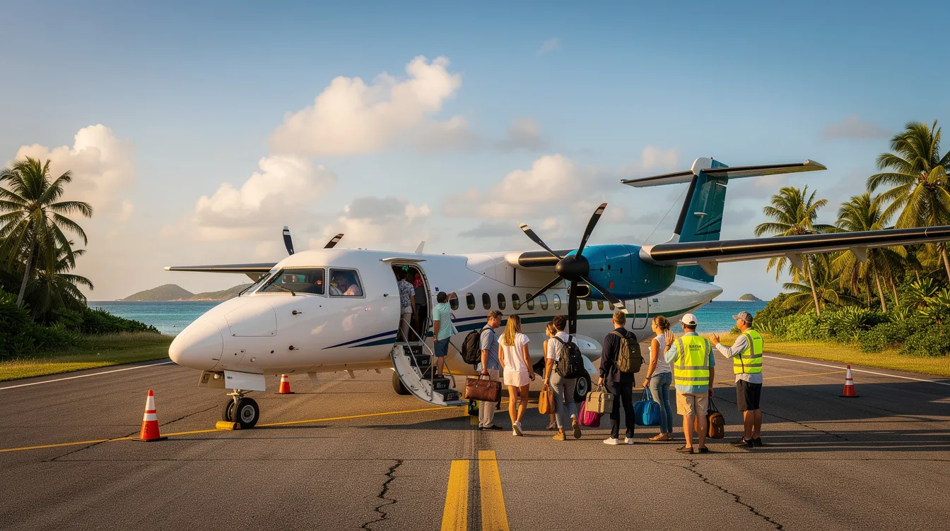 A small commuter propeller plane, specifically a Cessna 402C, is seen loading passengers on a tropical island runway surrounded by palm trees, with the ocean visible in the background. This aircraft is popular among small regional airlines for its reliability and passenger capacity, making it ideal for connecting travelers on shorter routes.
