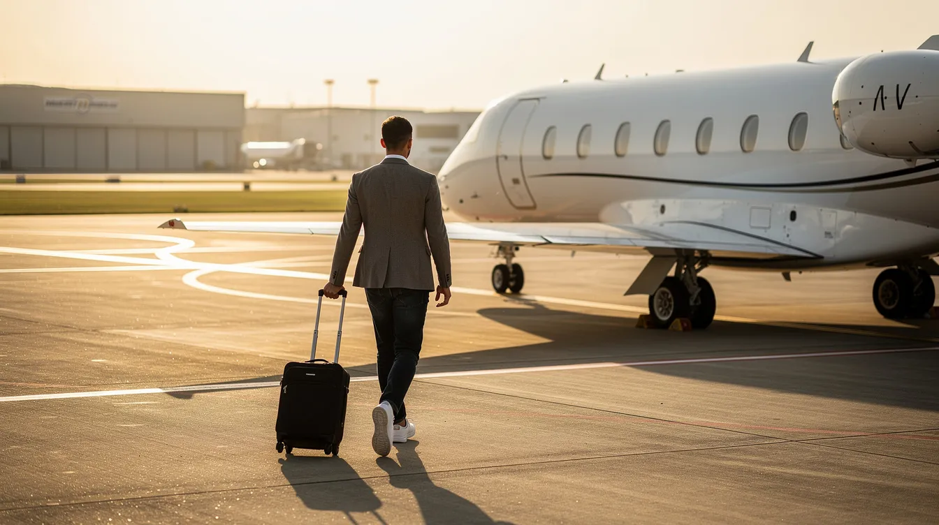 A traveler is seen from behind as they walk toward a sleek private jet on the tarmac, pulling a small rolling suitcase behind them. The scene captures the essence of seamless travel, highlighting the convenience and luxury of private flights over commercial airlines.