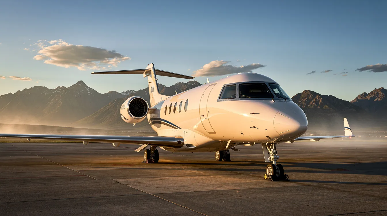 A sleek midsize private jet is parked on a sunlit tarmac, with majestic mountains in the background, showcasing the luxury and convenience of private flights. This scene highlights the seamless travel experience offered by private jets, away from the hustle of commercial airlines.