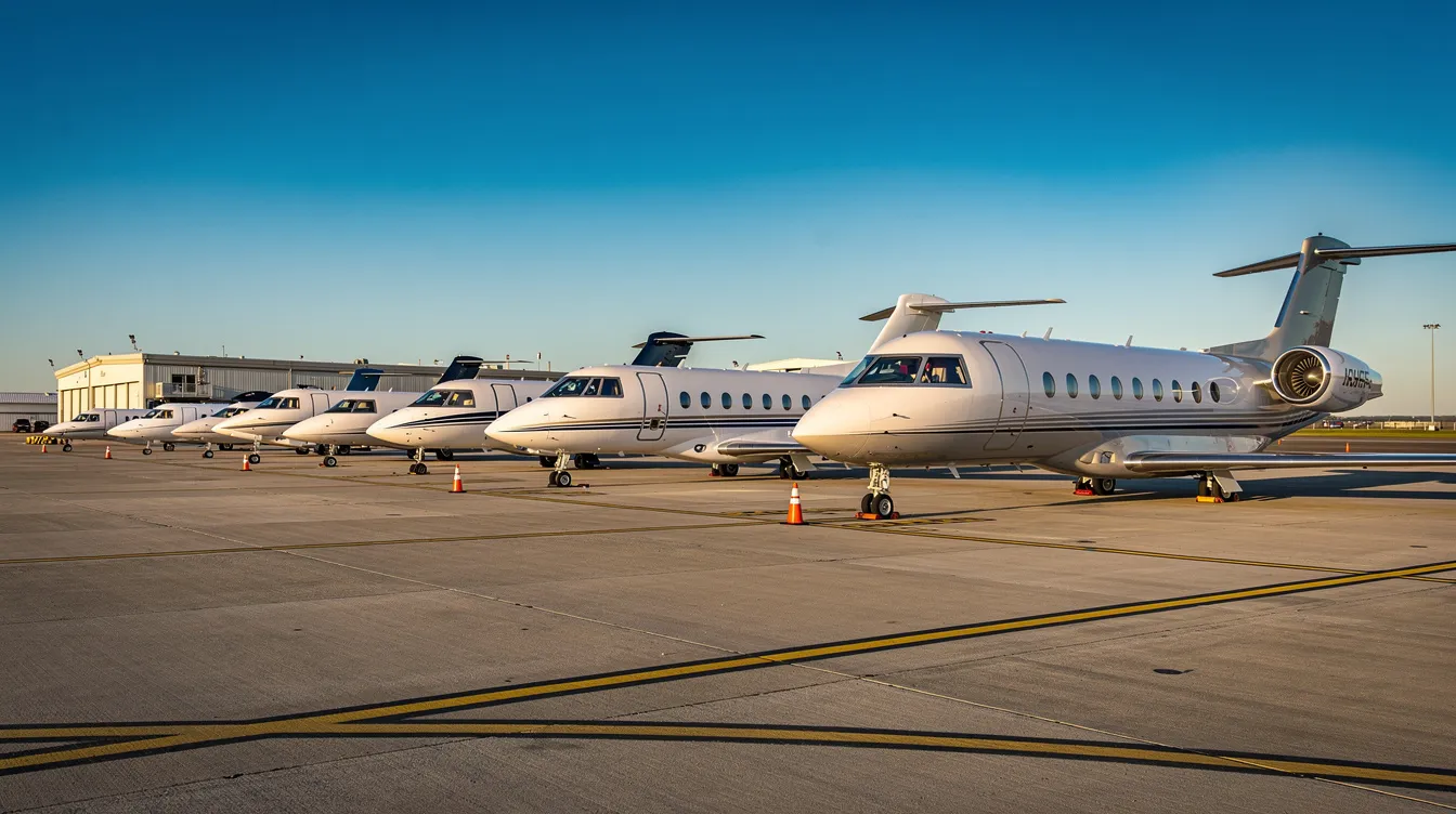 A row of several private jets of varying sizes is parked on an airport ramp, set against a backdrop of a clear blue sky, highlighting the diverse aircraft availability for private flights. This scene emphasizes the luxury and efficiency of private air travel, ideal for small groups and business trips.