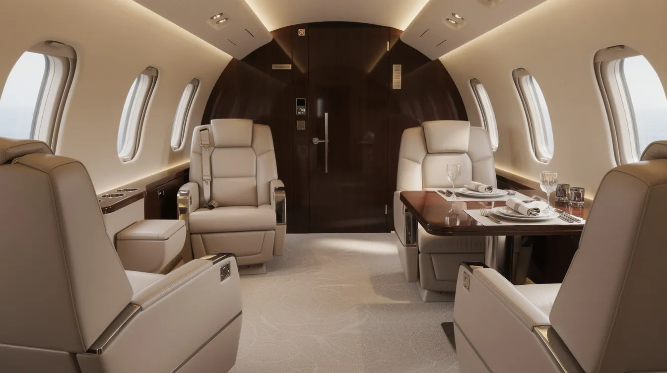 The image depicts the interior of a modern private jet cabin featuring cream leather seats, warm ambient lighting, and a cozy small dining area, designed for seamless travel and comfort during private flights. This luxurious setting showcases the benefits of flying in an avión privado, perfect for small groups or business trips.
