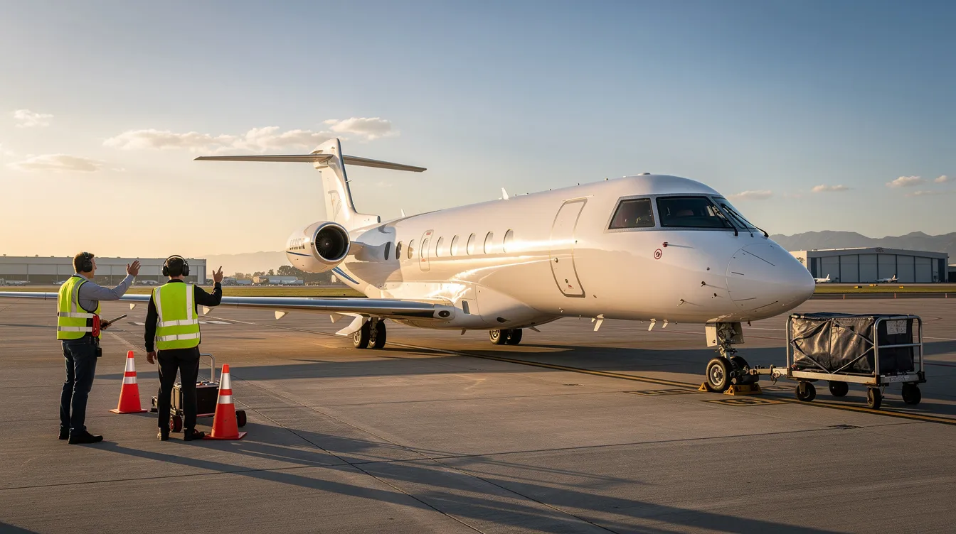 A private jet is parked on a sunlit airport tarmac, with ground crew members attending to it nearby. This scene highlights the aspects of aircraft ownership, including operational costs like fuel and maintenance, essential for understanding the true cost of private aviation.