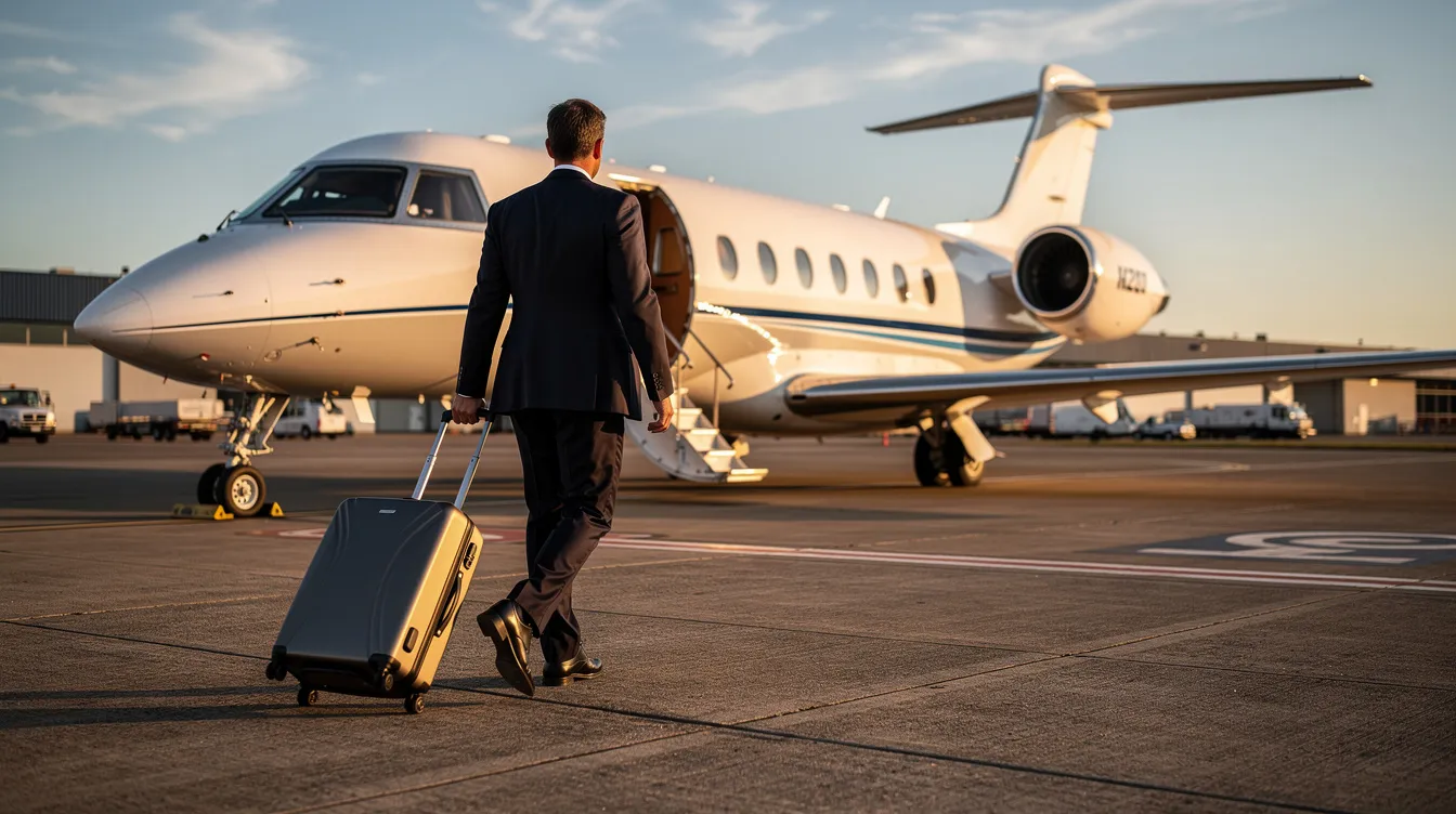 A business traveler, dressed in a formal suit, is walking confidently towards a sleek midsize private jet parked on the airport ramp. This scene highlights the luxury of aircraft ownership and the various factors like operating costs and maintenance that come into play when considering the true cost of private flying.