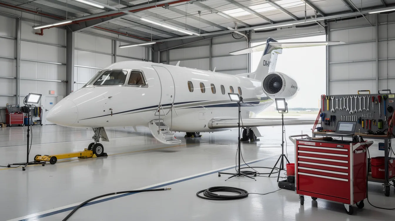 The image shows a private aircraft parked inside a well-lit maintenance hangar, surrounded by various tools that suggest ongoing maintenance work. This setting highlights the importance of understanding the operating costs and maintenance involved in aircraft ownership.