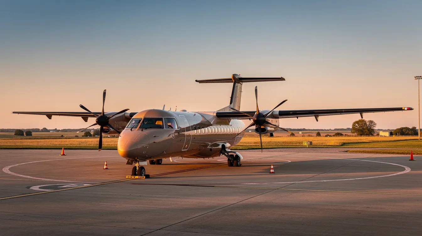 A twin-engine turboprop aircraft is parked on the tarmac of a small regional airport, bathed in the warm glow of golden hour, with a flat midwestern landscape stretching out in the background. This scene captures the essence of regional air travel, reminiscent of the operations of freight runners express.