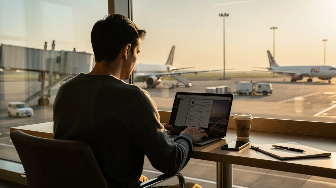 A person is seated at a desk, focused on their laptop, while a large window reveals a view of an airport runway where aircraft are taking off and landing. This scene reflects a work environment possibly related to freight runners express, emphasizing the connection between logistics and air travel.