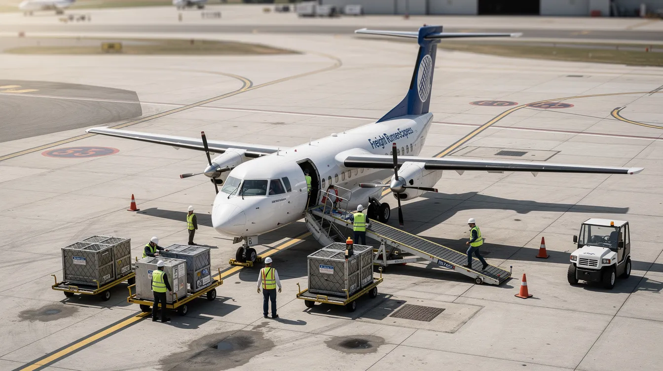 An aerial view shows a small cargo aircraft on an airport apron, surrounded by ground crew members actively loading freight containers, illustrating the efficient operations of Freight Runners Express. The scene captures the teamwork between the crew and the aircraft in a bustling airport environment.