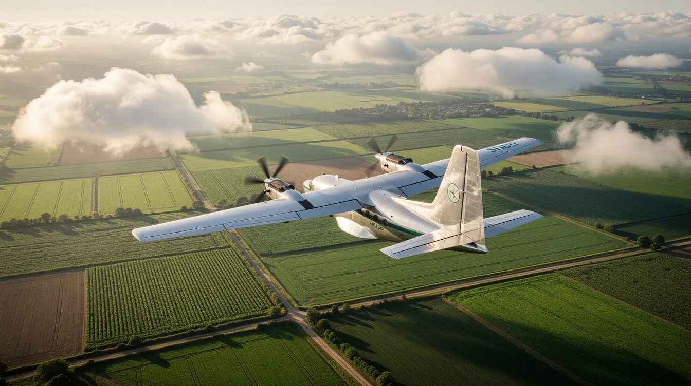 A twin-turboprop aircraft is soaring through the sky above lush green agricultural fields, with scattered clouds visible at mid-altitude. This scene captures the essence of freight runners and the expansive landscapes they often traverse.