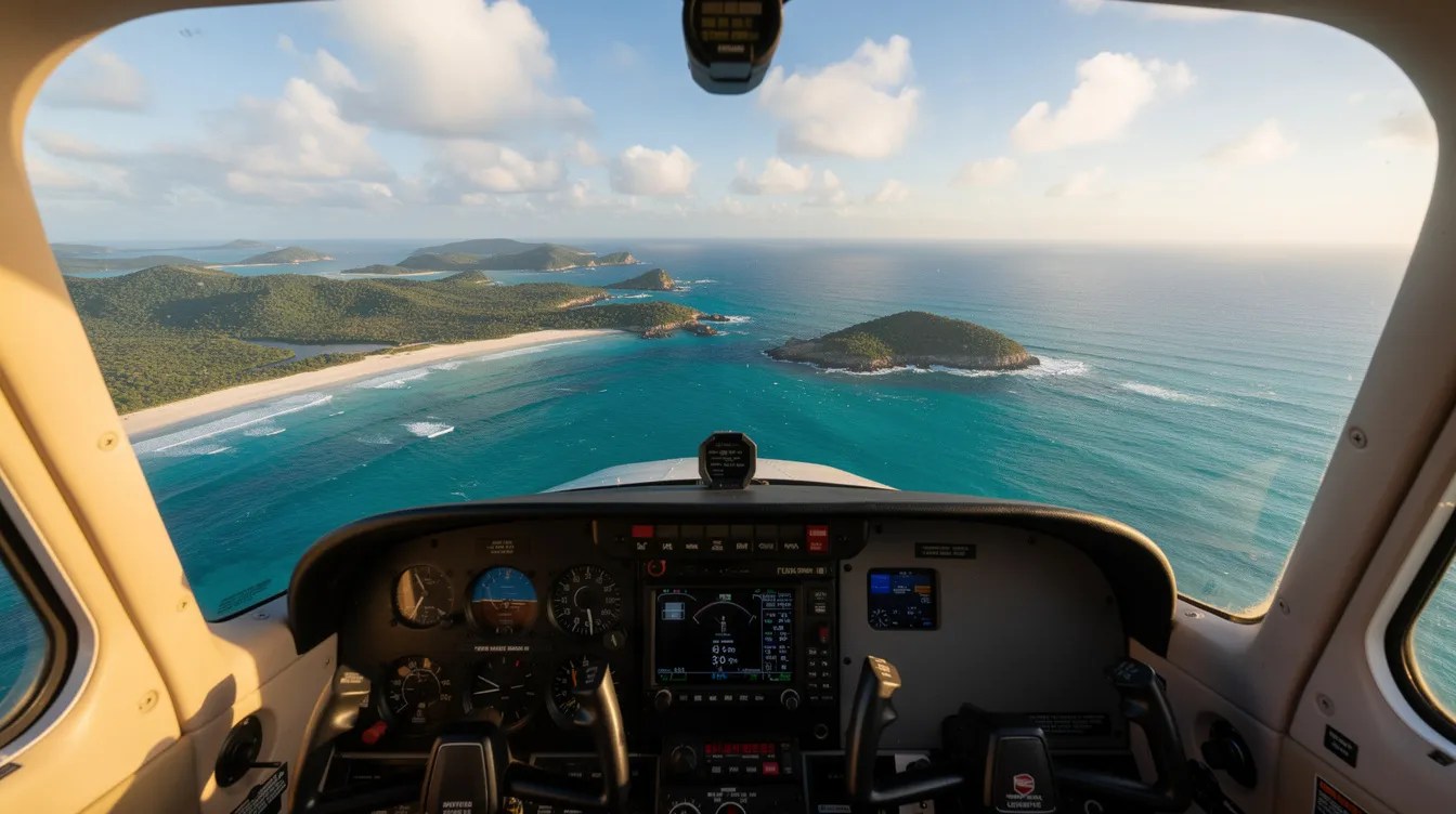 The image shows a cockpit view from inside a small aircraft, specifically a Socata TB 20, as it soars over a picturesque coastline featuring vibrant blue water and lush green islands below. The pilot's panel is visible, highlighting the aircraft's controls and instruments.