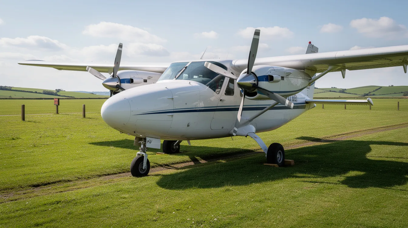 A light twin-engine propeller aircraft, specifically a Socata TB 20 Trinidad, is parked on a grassy airfield, with lush rolling green hills visible in the background. The scene captures the serene environment ideal for pilots and aviation enthusiasts.
