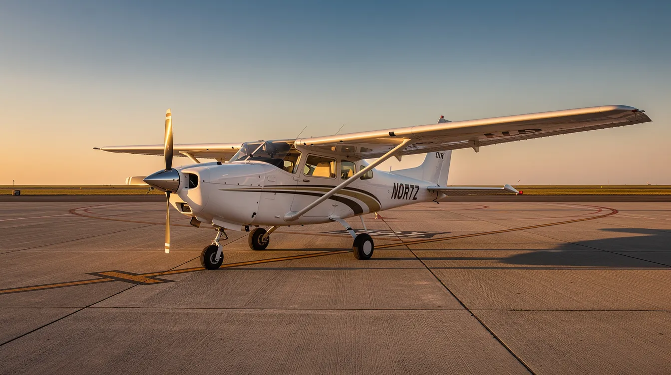 A single-engine low-wing airplane, specifically a Socata TB 20, is parked on a tarmac during golden hour, with a clear sky in the background. The warm light highlights the sleek designs of the aircraft, creating a serene atmosphere for any pilot admiring the scene.