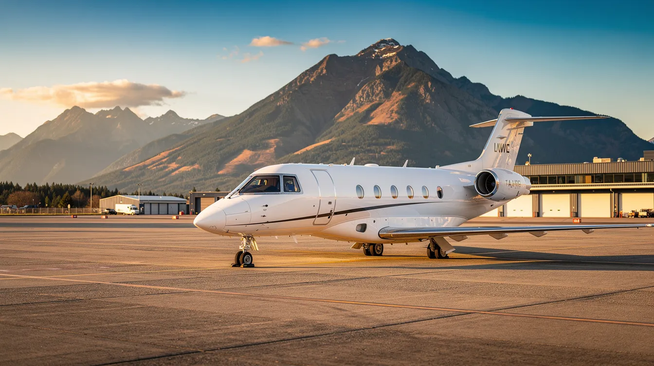 A small private jet on a tarmac with mountains in the background, illustrating accessibility to remote locations.
