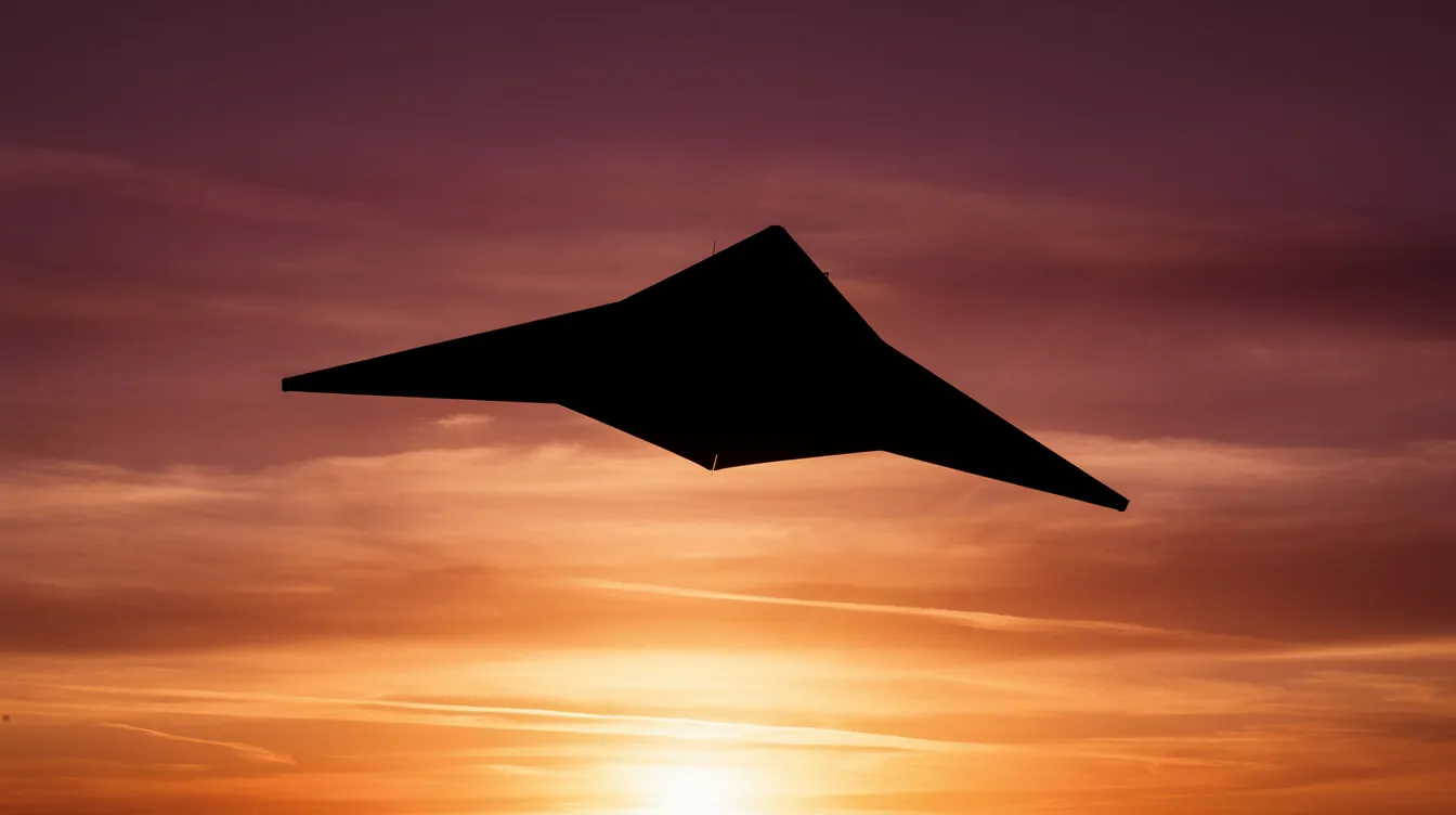 The silhouette of a delta-wing aircraft against a vibrant sunset highlights the sleek design and efficiency of arrow jets.