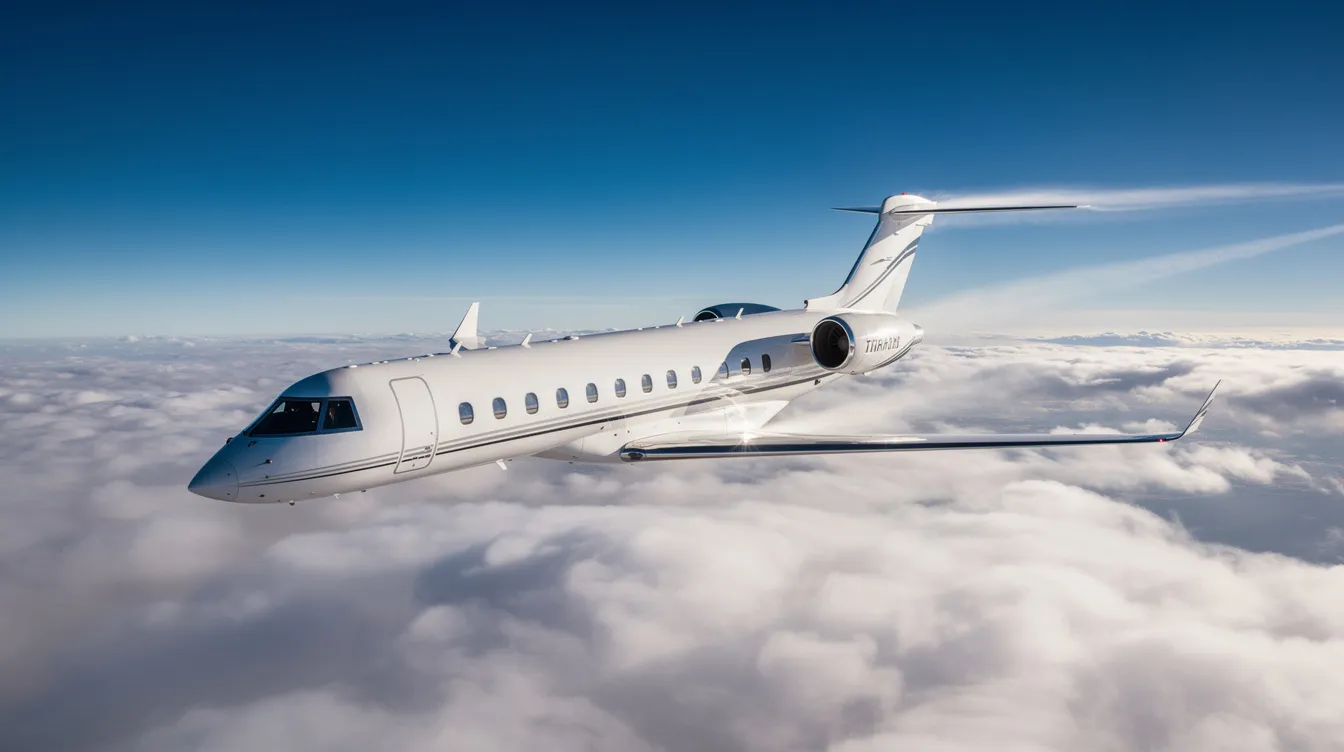 A sleek modern private jet soars above a sea of fluffy white clouds against a backdrop of clear blue sky, showcasing the value and convenience of private air travel.