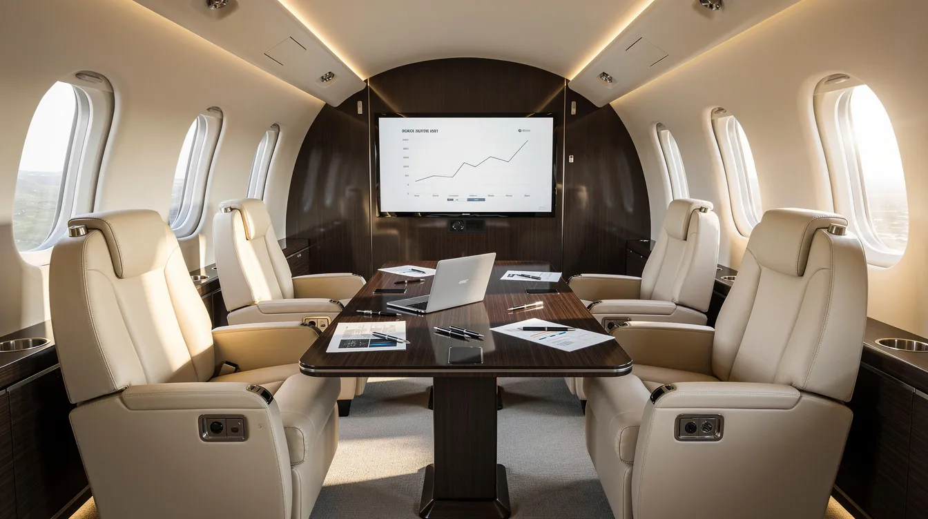 The interior of a private jet cabin set up for business meetings, showcasing comfort and productivity in flight.