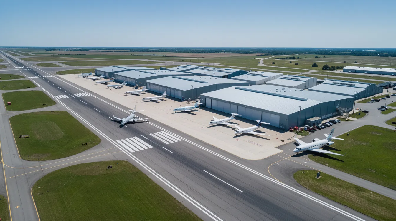 An aerial view of a general aviation airport showcases several hangars, a long runway, and parked private jets under a clear blue sky, highlighting the vibrant aviation operations and jet services available at the facility. This scene illustrates the essential role of transportation in connecting clients to their destinations.