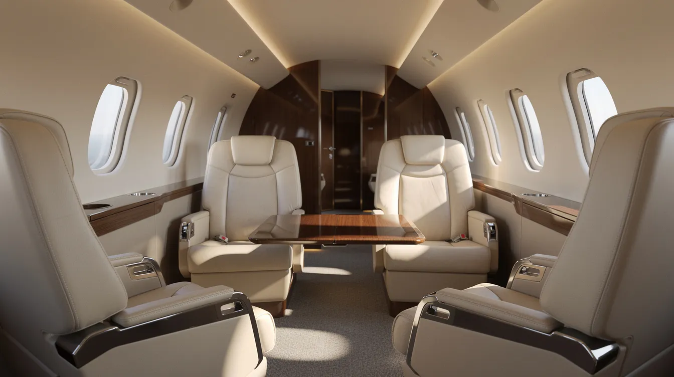 The image depicts the interior of a luxurious private jet cabin featuring plush leather seats and a small table, illuminated by natural light streaming through oval windows. This elegant space reflects the high standards of mcclellan jet services, designed for comfortable and stylish aviation operations.